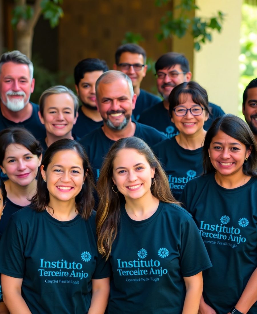 A group of people in dark green shirts with Instituto Terceiro Anjo in electric blue, diverse ages and body types, natural lighting, photographic style, focus on faces and expressions