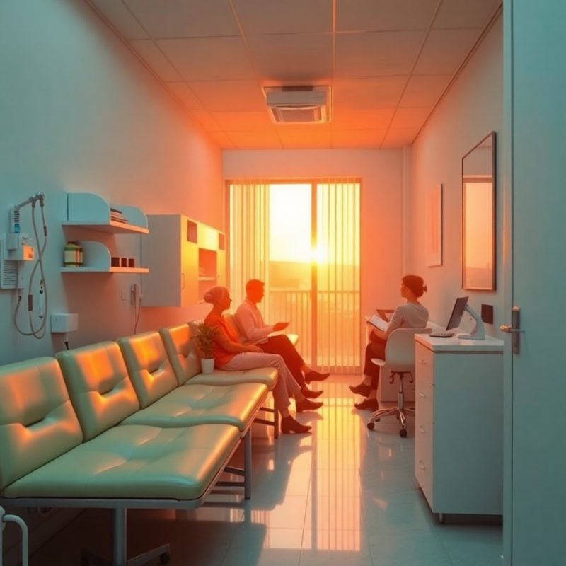 Faça uns bancos vazios dentro de um consultorio médico e algumas pessoas