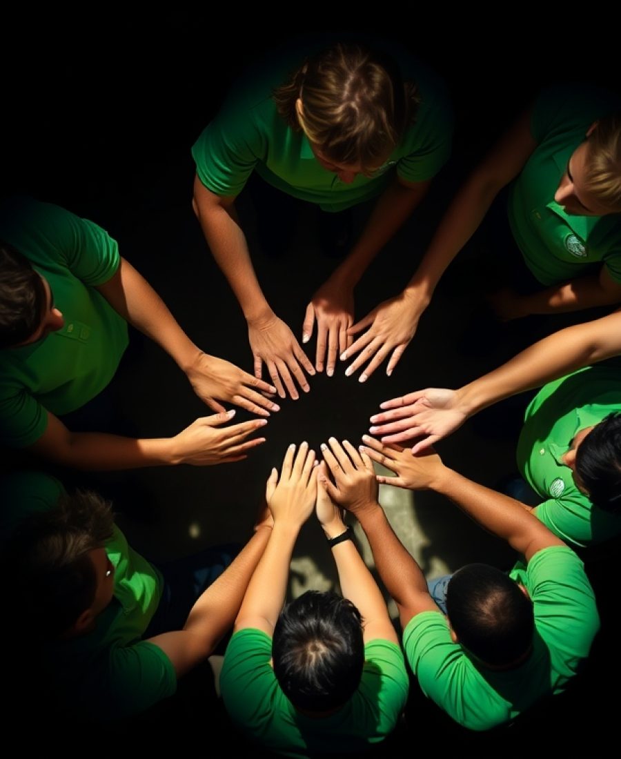 Overhead bird’s eye view, strong hard light, several people in green shirts forming a circle, reaching towards each other, top-down perspective, direct harsh shadows