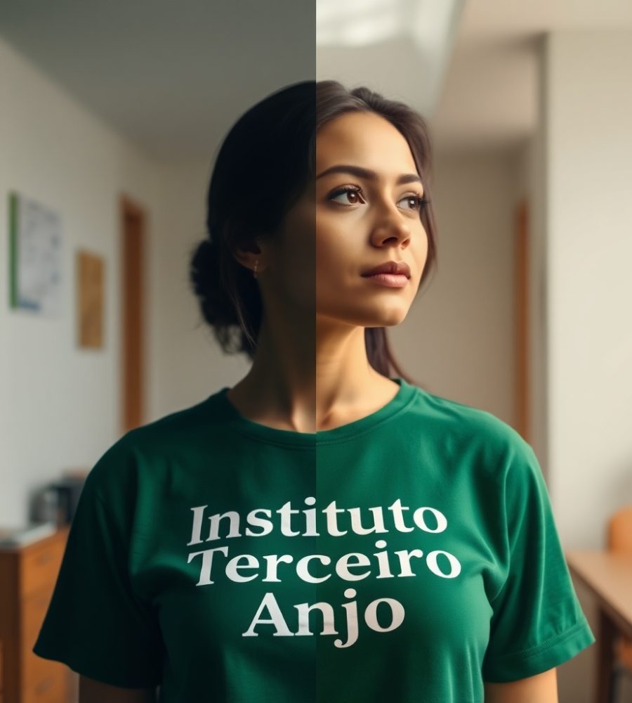 Split image depicting a woman wearing a green shirt with Instituto Terceiro Anjo text in an office, distinct sections, bold areas, light aura, ethereal spiritual vibe